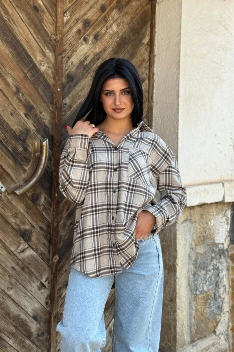 PLAID DESIGN SIMPLE WOMAN SHIRT BEIGE/BEZHE - 4