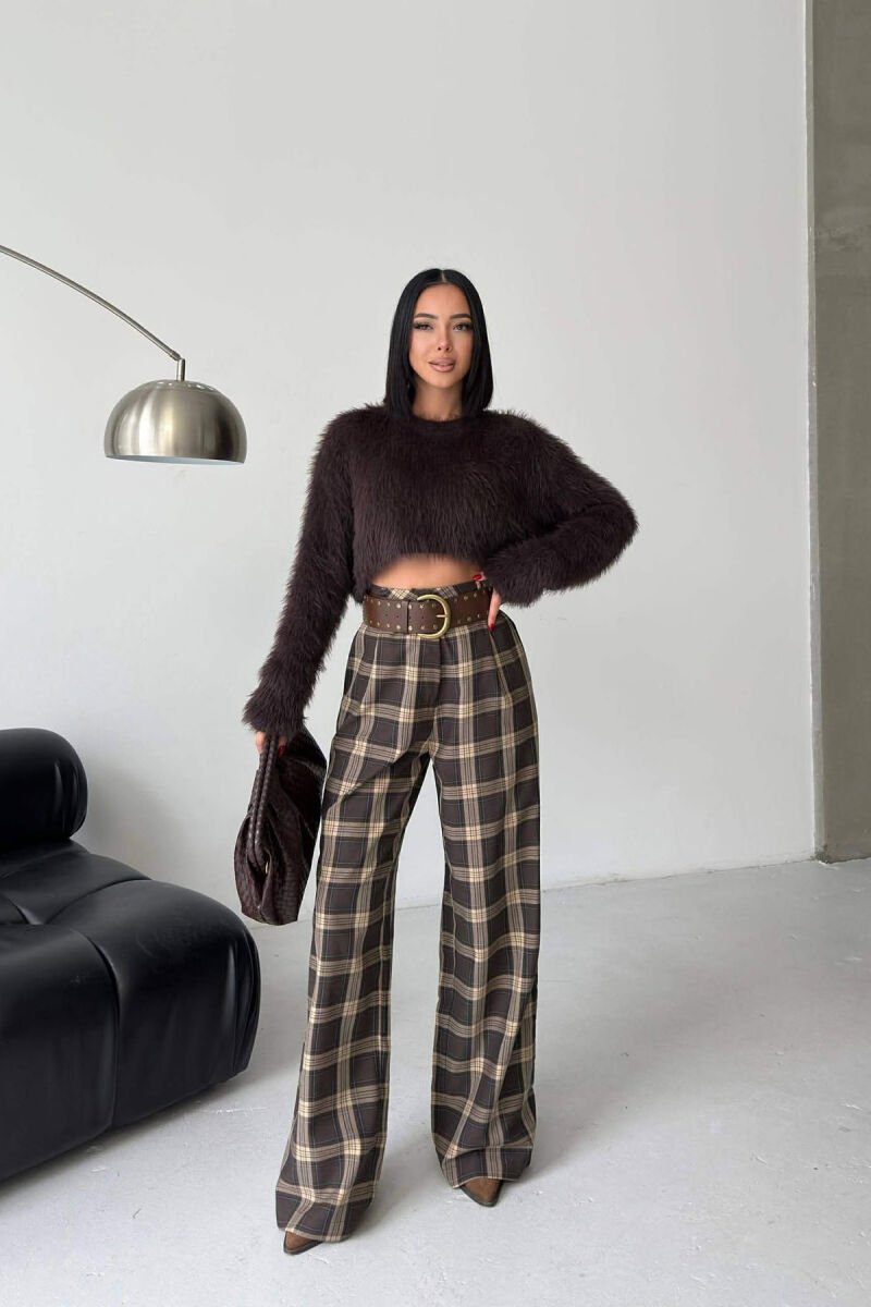 PLAID DESIGN WIDE LEG WOMAN TROUSERS BROWN/KAFE - 1