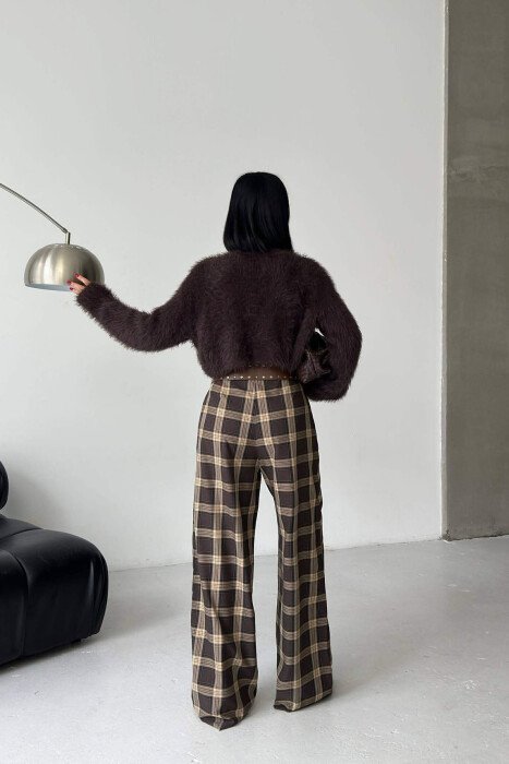 PLAID DESIGN WIDE LEG WOMAN TROUSERS BROWN/KAFE - 3