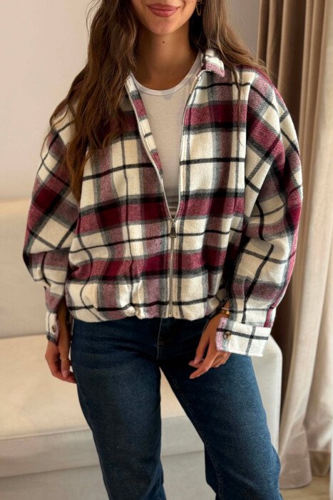PLAID DESIGN ZIPPER WOMAN JACKET BURGUNDY/VISHNJE - 2