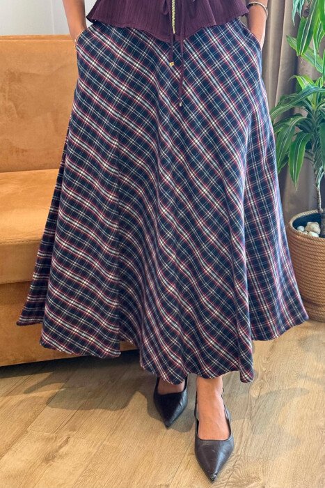 PLAID DESIGNED LONG WOMAN SKIRT BLUE/BLU - 3