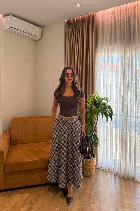 PLAID DESIGNED LONG WOMAN SKIRT BROWN/KAFE 