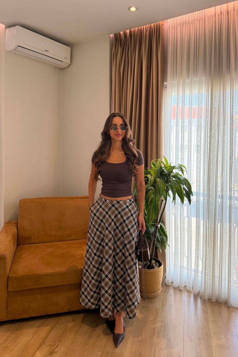 PLAID DESIGNED LONG WOMAN SKIRT BROWN/KAFE - 1