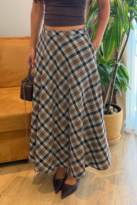 PLAID DESIGNED LONG WOMAN SKIRT BROWN/KAFE - 2