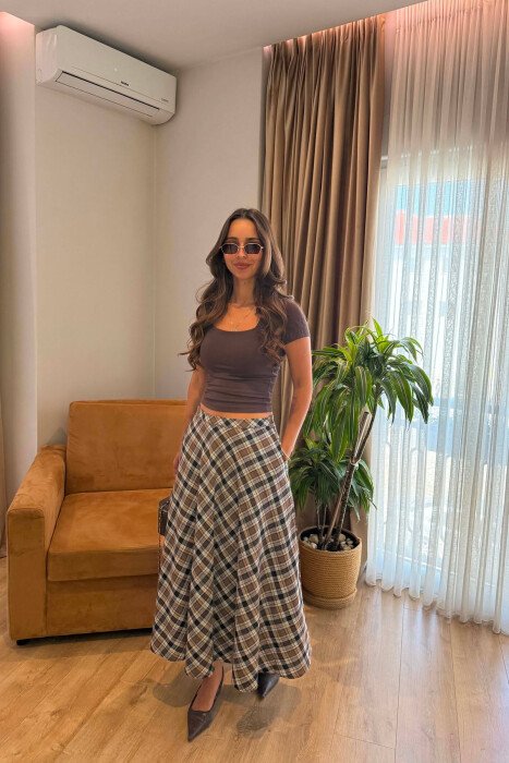 PLAID DESIGNED LONG WOMAN SKIRT BROWN/KAFE - 3