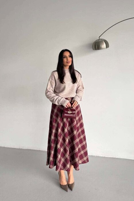 PLAID DESIGNED LONG WOMAN SKIRT BURGUNDY/VISHNJE 