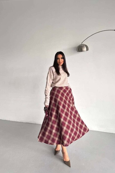 PLAID DESIGNED LONG WOMAN SKIRT BURGUNDY/VISHNJE - 2