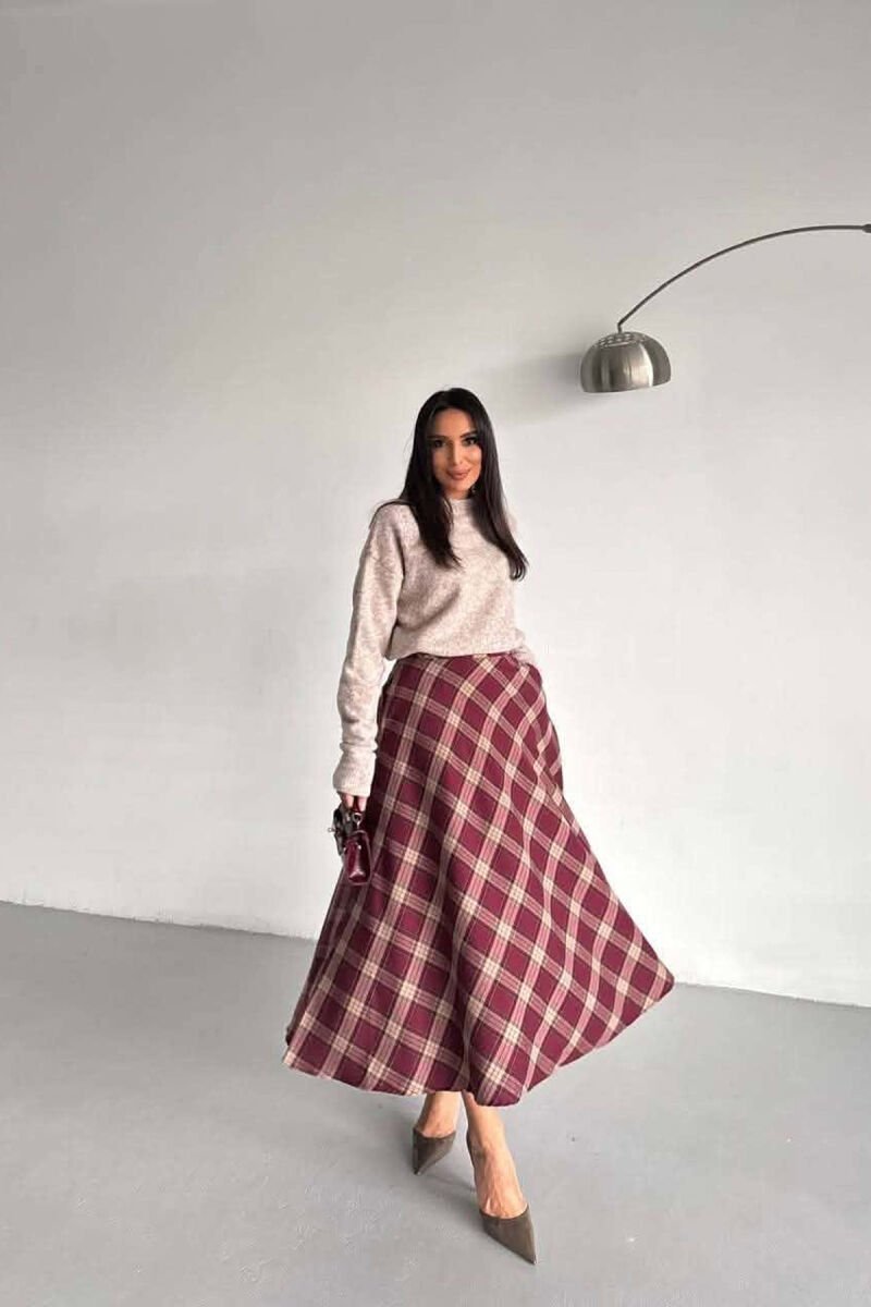 PLAID DESIGNED LONG WOMAN SKIRT BURGUNDY/VISHNJE - 2