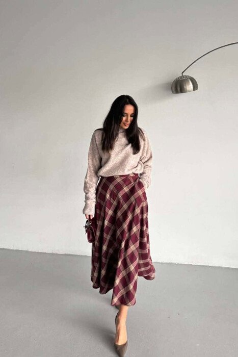 PLAID DESIGNED LONG WOMAN SKIRT BURGUNDY/VISHNJE - 3