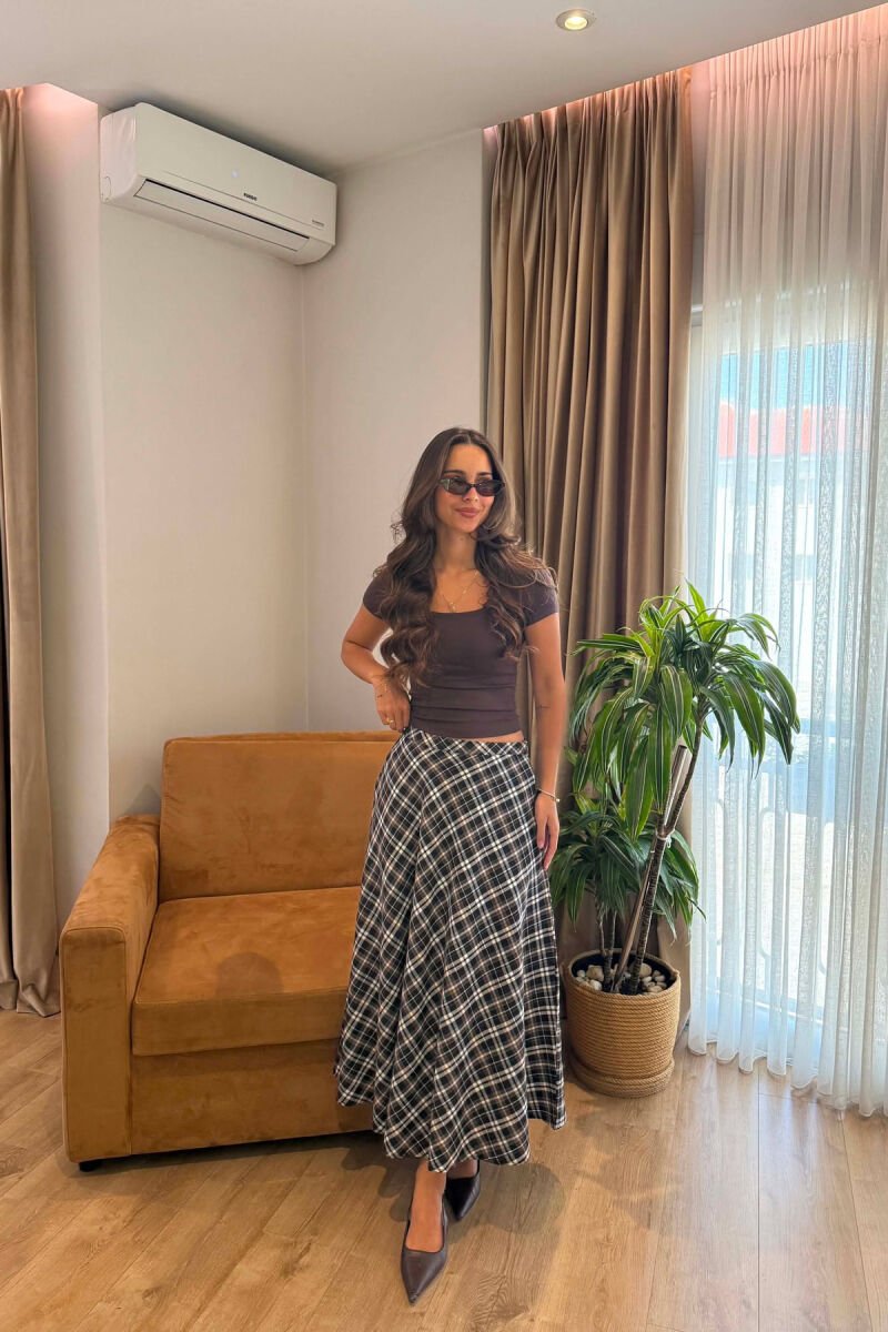 PLAID DESIGNED LONG WOMAN SKIRT DARK BROWN/KAE - 2
