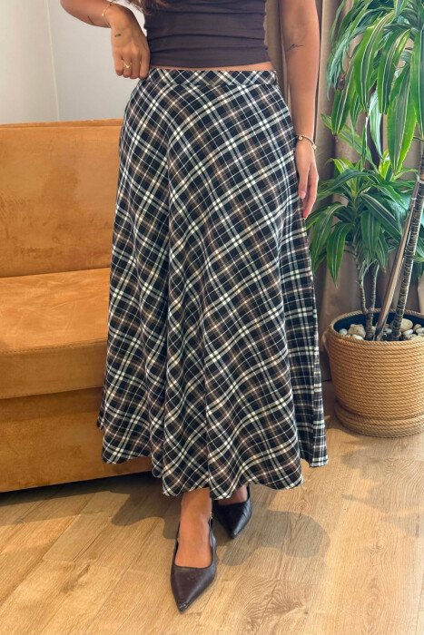 PLAID DESIGNED LONG WOMAN SKIRT DARK BROWN/KAE - 3