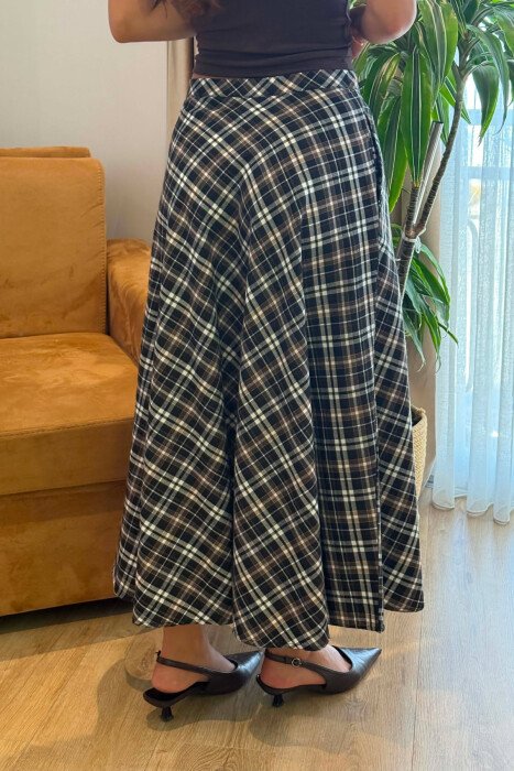 PLAID DESIGNED LONG WOMAN SKIRT DARK BROWN/KAE - 5