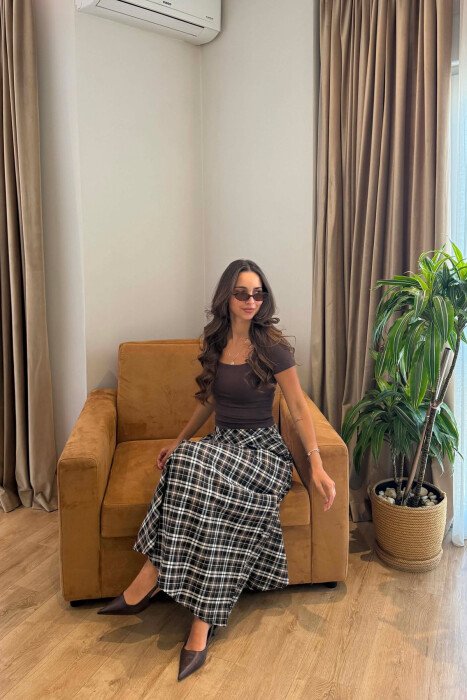 PLAID DESIGNED LONG WOMAN SKIRT DARK BROWN/KAE - 6