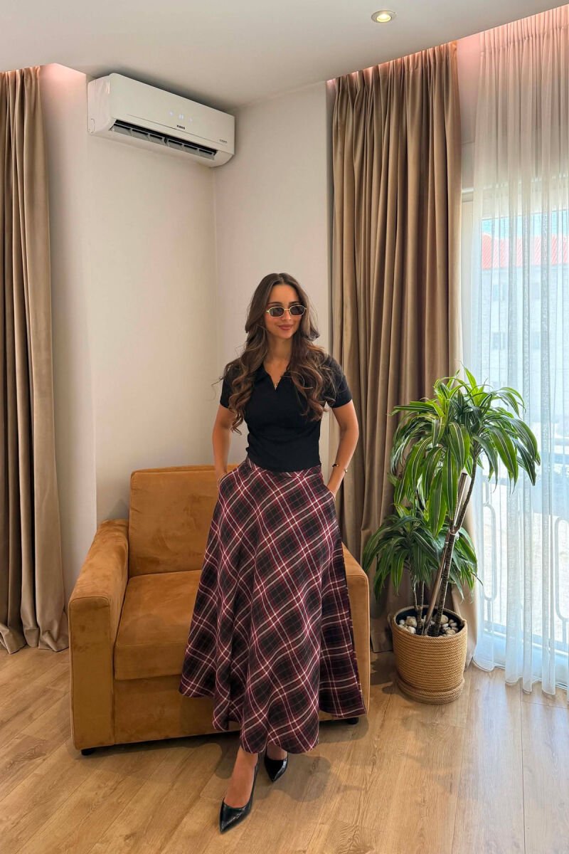 PLAID DESIGNED LONG WOMAN SKIRT DARK BURGUNDY/VISHNJE E ERRET - 2