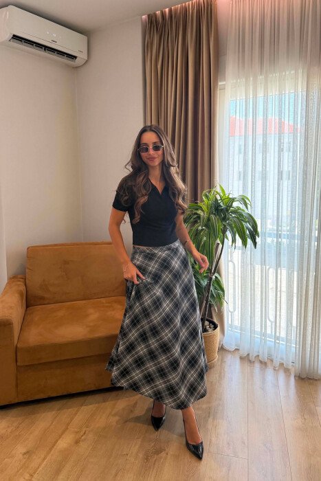 PLAID DESIGNED LONG WOMAN SKIRT DARK GREY/GEE 