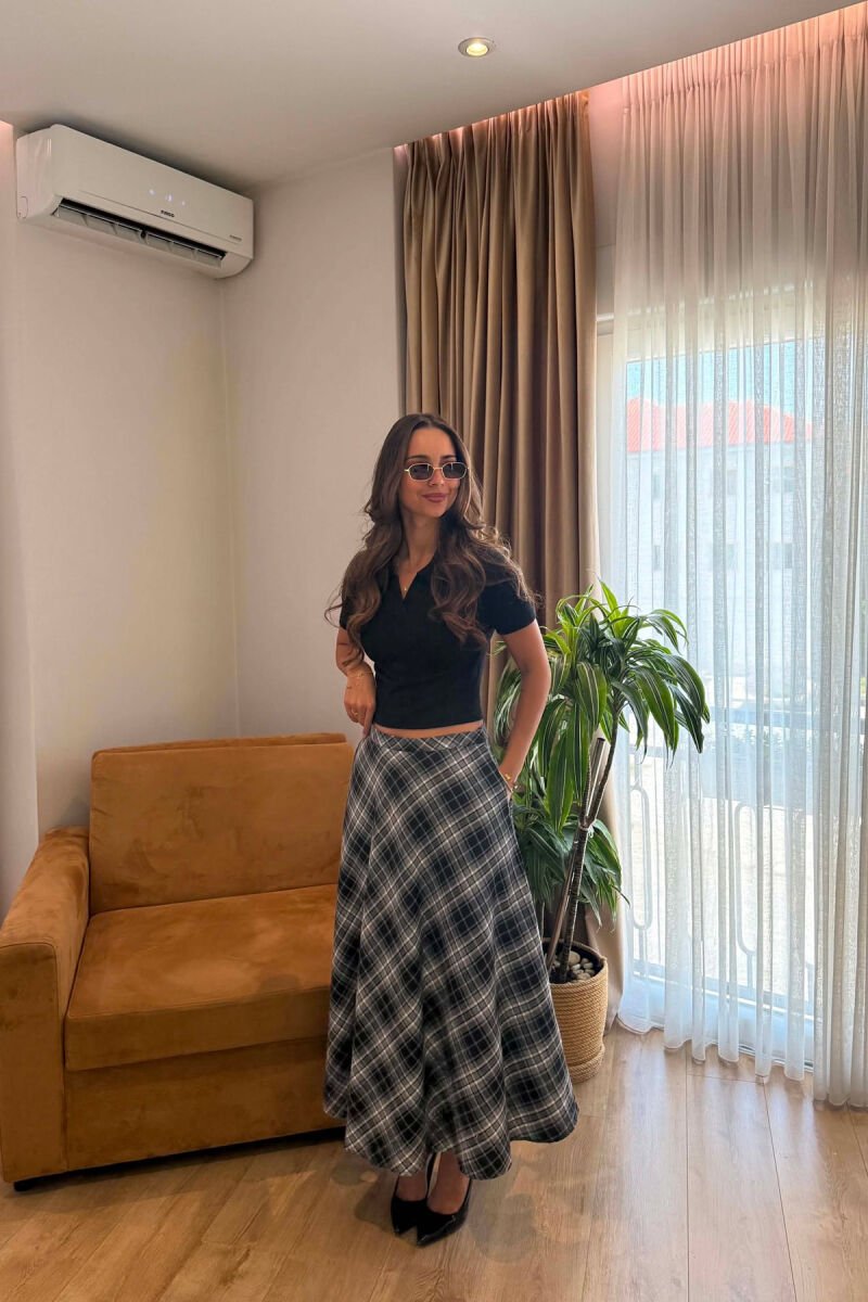 PLAID DESIGNED LONG WOMAN SKIRT DARK GREY/GEE - 2