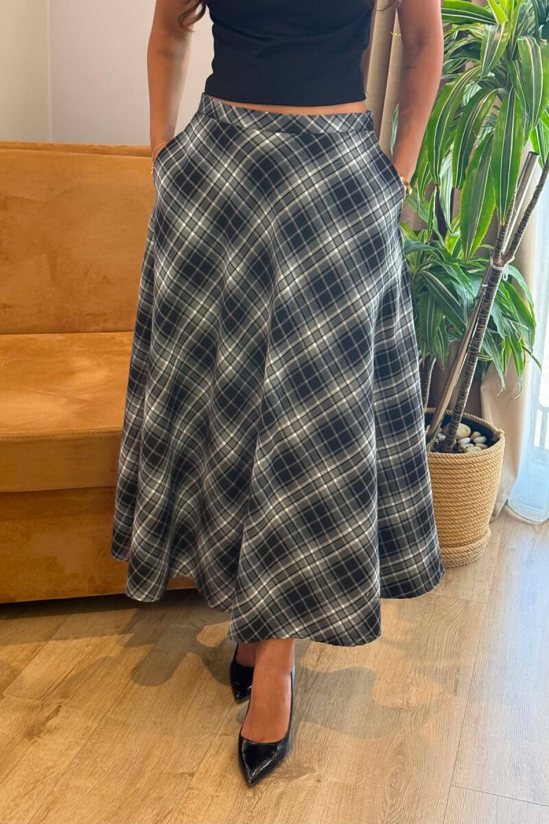 PLAID DESIGNED LONG WOMAN SKIRT DARK GREY/GEE - 3