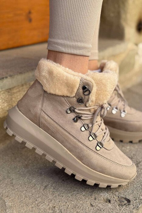 PLATFORM FLUFFY NECK WOMEN BOOTS BEIGE/BEZHE - KLAUDIO FASHION