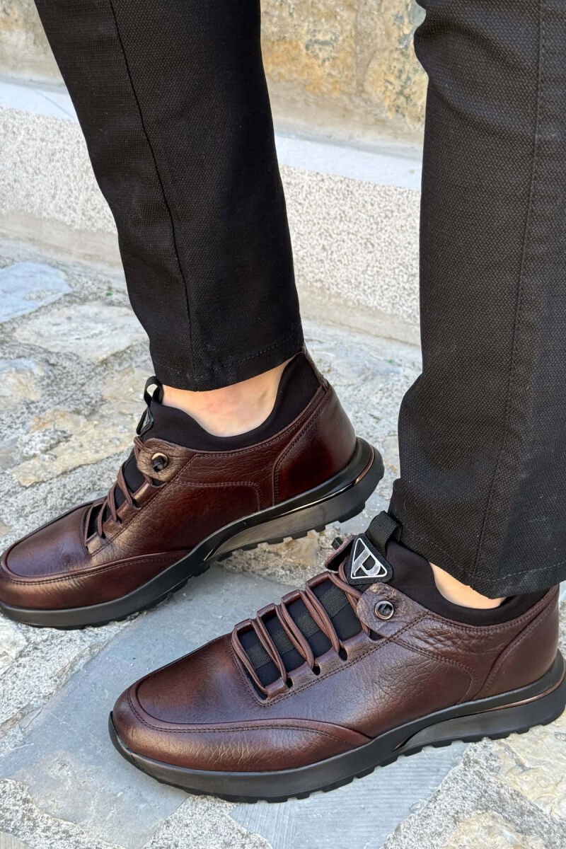 PLATFORM LEATHER ELASTIC LACES MEN SHOES BROWN/KAFE - 1