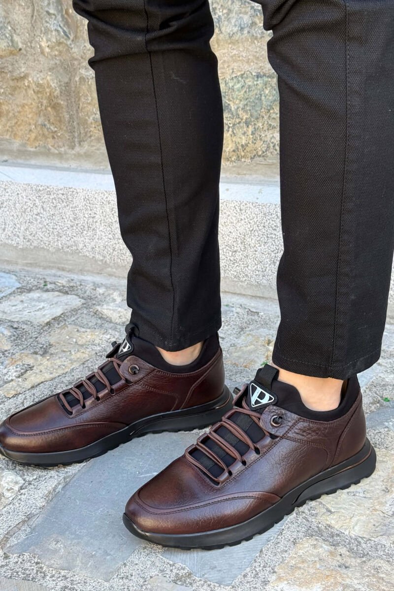 PLATFORM LEATHER ELASTIC LACES MEN SHOES BROWN/KAFE - 2