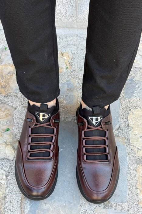 PLATFORM LEATHER ELASTIC LACES MEN SHOES BROWN/KAFE - 3