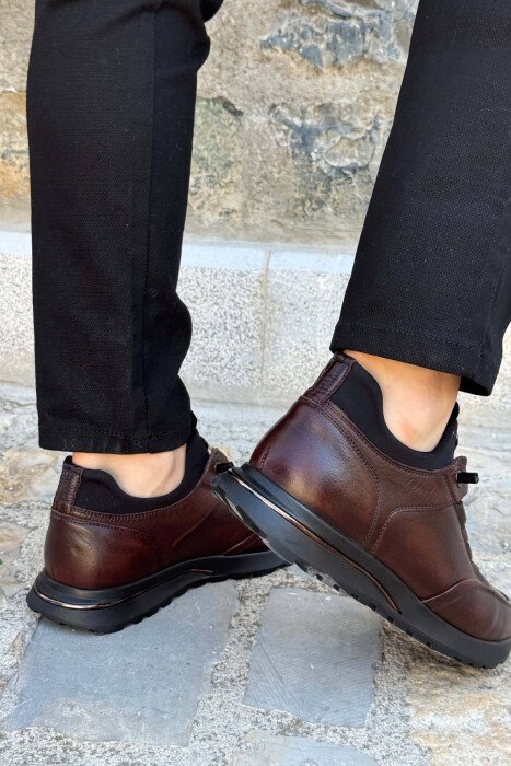 PLATFORM LEATHER ELASTIC LACES MEN SHOES BROWN/KAFE - 4