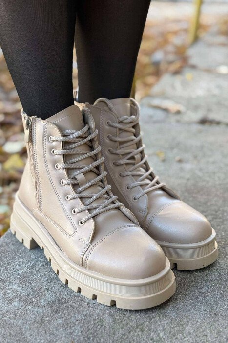 PLATFORM ZIPPER & LACING WOMEN ANKLE BOOTS BEIGE/BEZHE - KLAUDIO FASHION