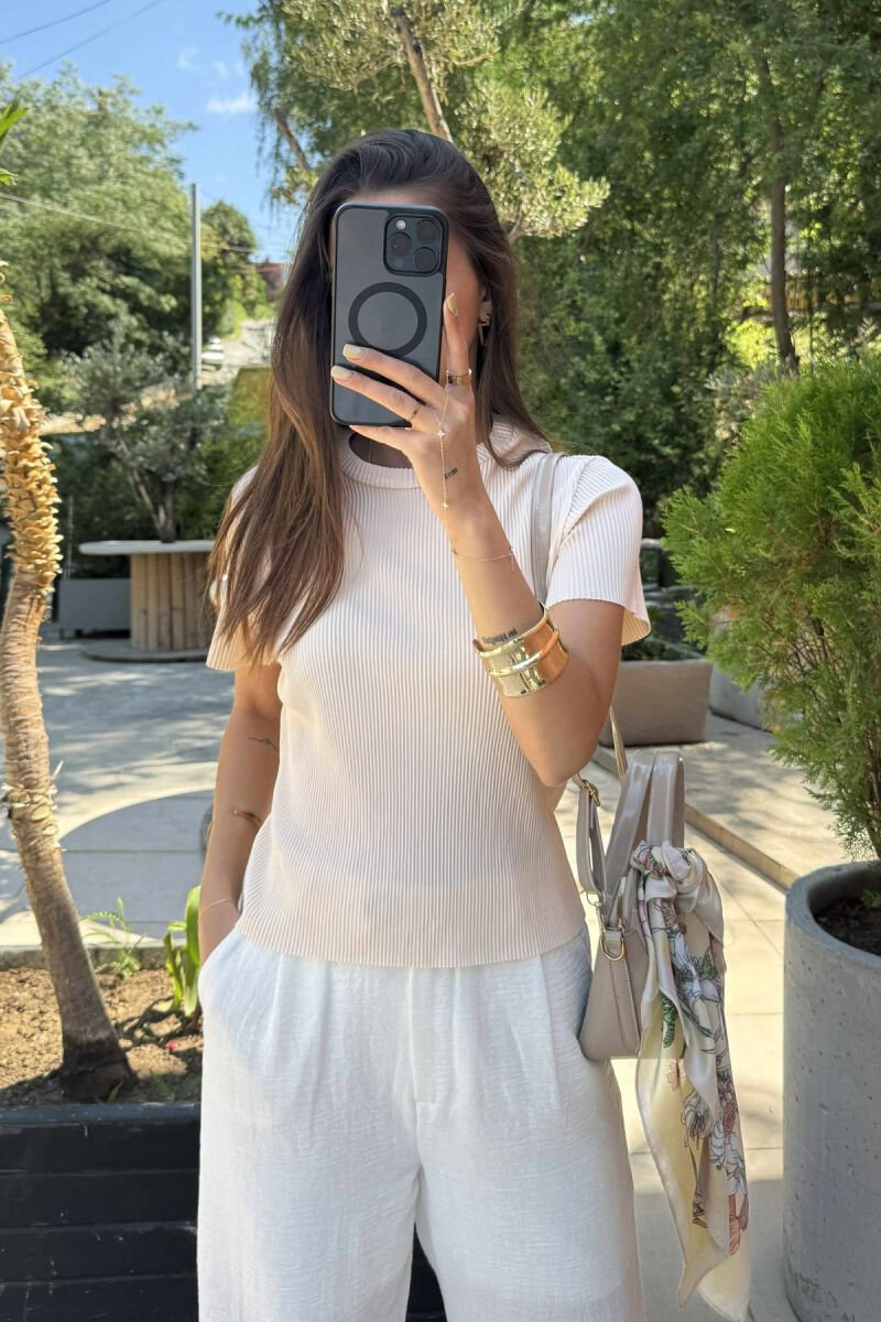 PLEATED DESIGN ONE COLOR ROUND NECK WOMEN T-SHIRT BEIGE/BEZHE - 2