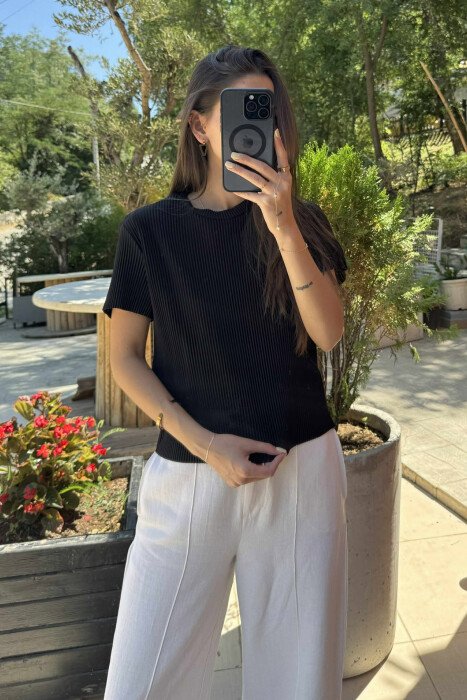 PLEATED DESIGN ONE COLOR ROUND NECK WOMEN T-SHIRT BLACK/ E ZEZE - 2