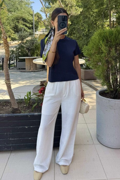 PLEATED DESIGN ONE COLOR ROUND NECK WOMEN T-SHIRT BLUE/BLU 
