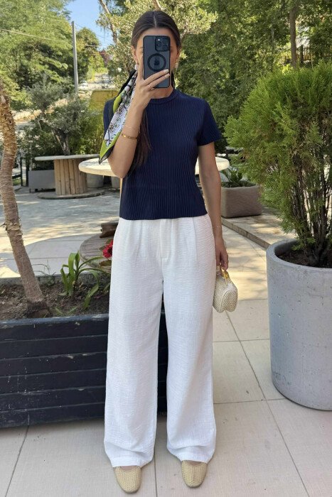 PLEATED DESIGN ONE COLOR ROUND NECK WOMEN T-SHIRT BLUE/BLU - 2