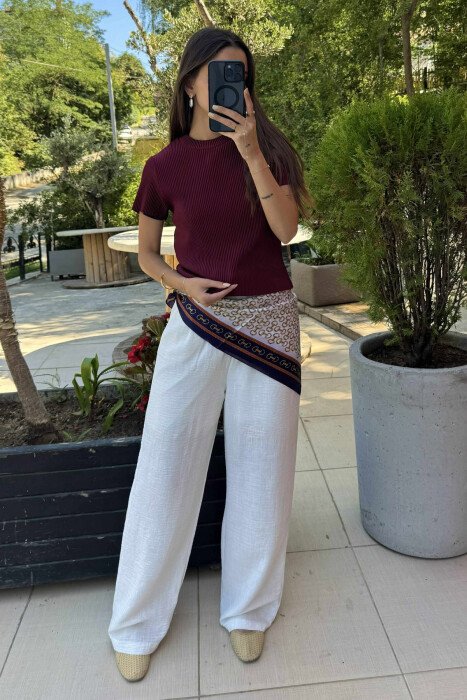 PLEATED DESIGN ONE COLOR ROUND NECK WOMEN T-SHIRT BURGUNDY/VISHNJE 