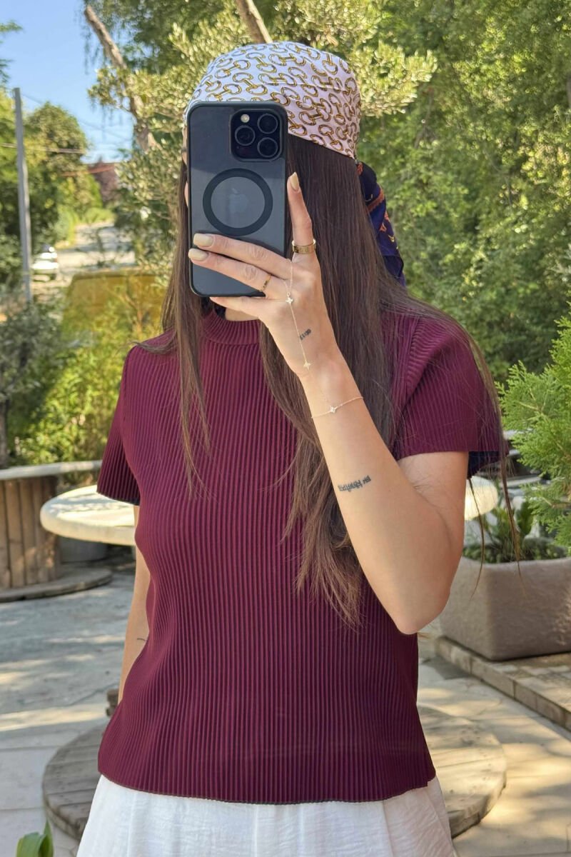PLEATED DESIGN ONE COLOR ROUND NECK WOMEN T-SHIRT BURGUNDY/VISHNJE - 3