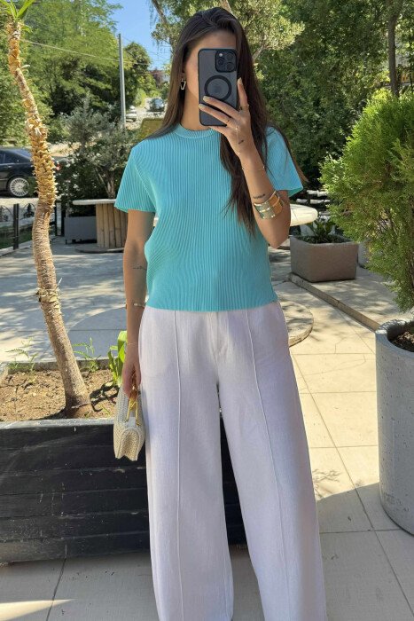 PLEATED DESIGN ONE COLOR ROUND NECK WOMEN T-SHIRT MINT/MENTE 