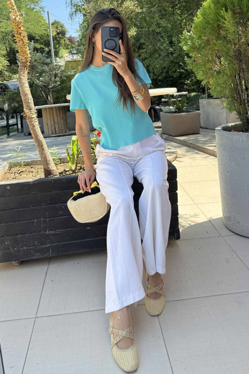 PLEATED DESIGN ONE COLOR ROUND NECK WOMEN T-SHIRT MINT/MENTE - 4