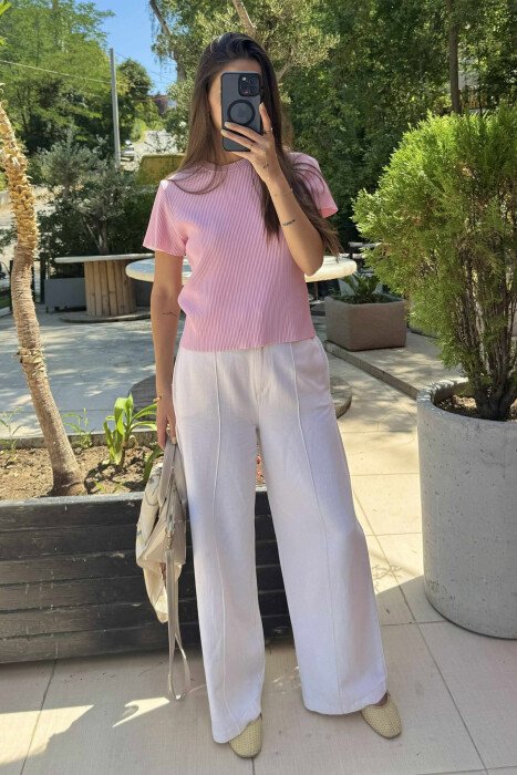 PLEATED DESIGN ONE COLOR ROUND NECK WOMEN T-SHIRT PINK/ROZE - 1