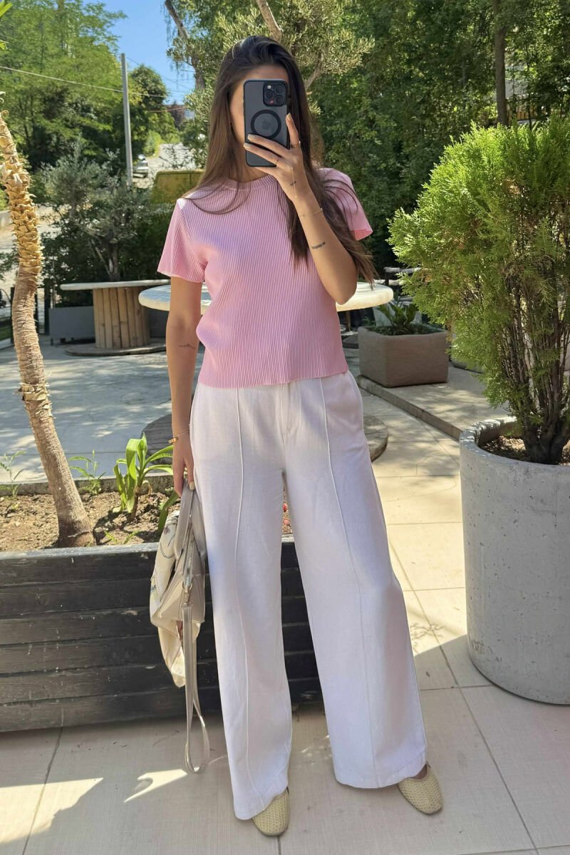 PLEATED DESIGN ONE COLOR ROUND NECK WOMEN T-SHIRT PINK/ROZE - 1