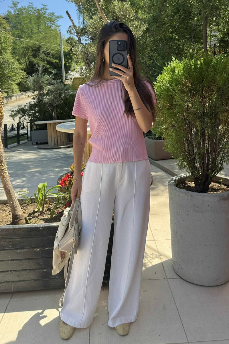 PLEATED DESIGN ONE COLOR ROUND NECK WOMEN T-SHIRT PINK/ROZE - 4