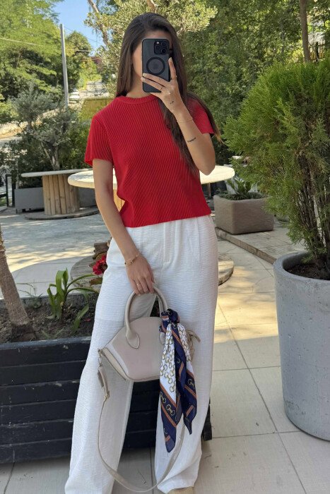 PLEATED DESIGN ONE COLOR ROUND NECK WOMEN T-SHIRT RED/E KUQE 