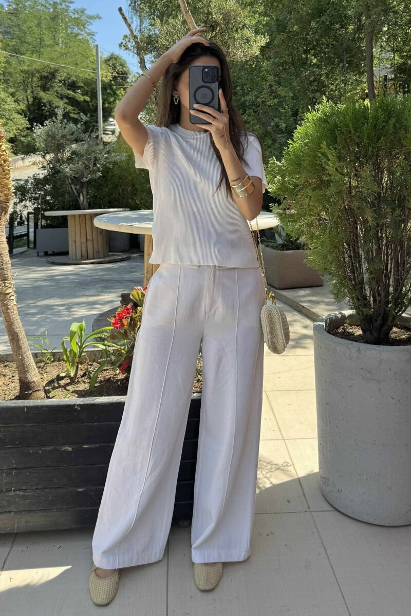 PLEATED DESIGN ONE COLOR ROUND NECK WOMEN T-SHIRT WHITE-E BARDHE - 4