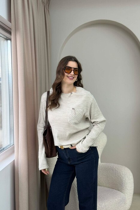POCKET DETAIL ONE COLOR WOMEN SWEATER BEIGE/BEZHE - 2
