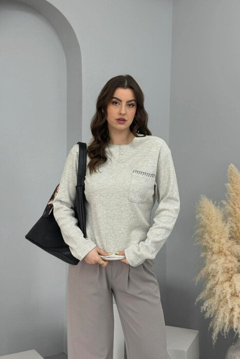 POCKET DETAIL ROUND NECK WOMEN SWEATER GREY/GRI - 1