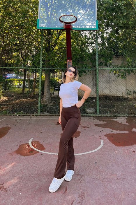 POCKETS DETAIL WIDE LEG ONE COLOR WOMEN LEGGINGS BROWN/KAFE - KLAUDIO FASHION