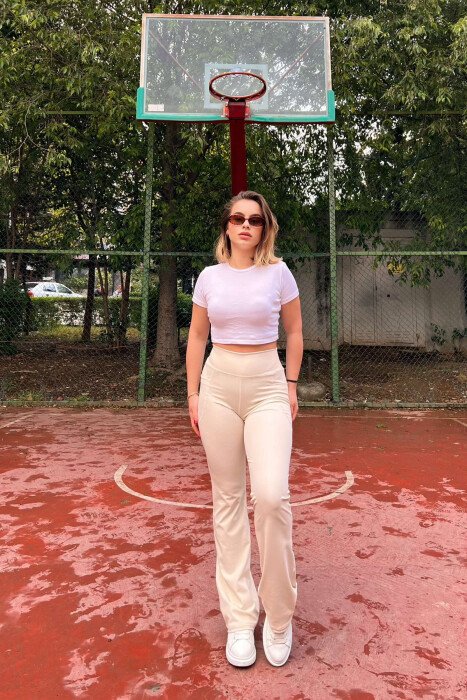 POCKETS DETAIL WIDE LEG ONE COLOR WOMEN LEGGINGS CREAM/KREM 