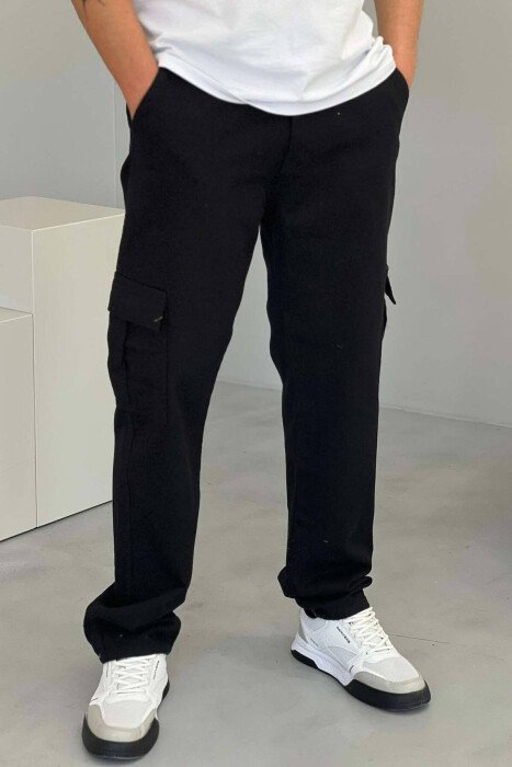 POCKET ONE COLOR CARGO MEN JEANS BLACK/ E ZEZE - KLAUDIO FASHION