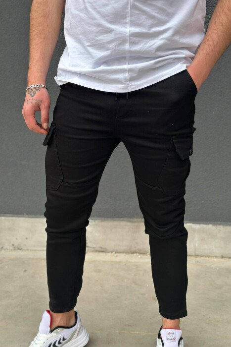 POCKET ONE COLOR MEN CARGO PANTS BLACK/ E ZEZE - KLAUDIO FASHION