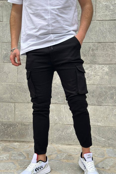 POCKET ONE COLOR MEN CARGO PANTS BLACK/ E ZEZE - KLAUDIO FASHION