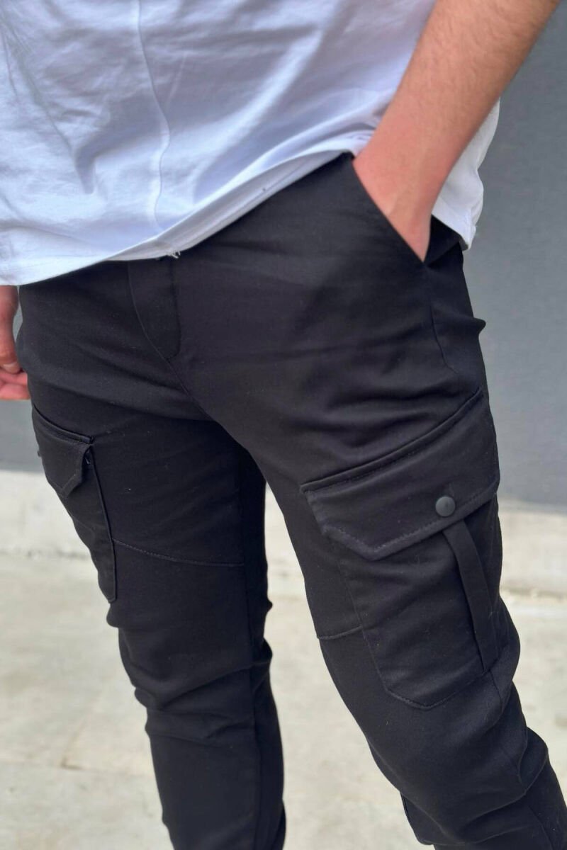 POCKET ONE COLOR MEN CARGO PANTS BLACK/ E ZEZE - 3