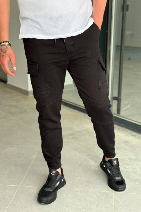 POCKET ONE COLOR MEN CARGO PANTS BLACK/ E ZEZE - KLAUDIO FASHION