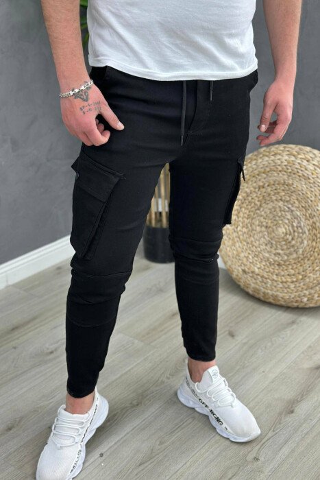 POCKET ONE COLOR MEN CARGO PANTS BLACK/ E ZEZE - KLAUDIO FASHION